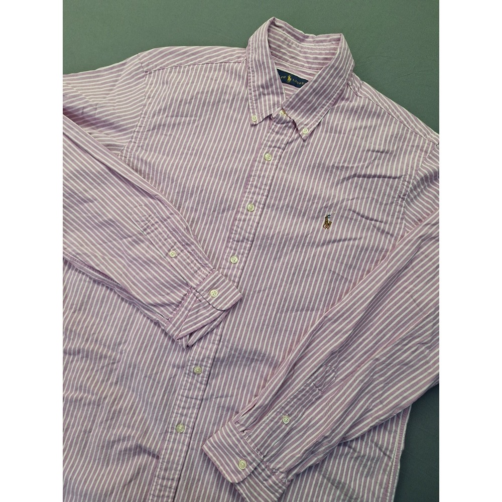 PoloRalph Lauren Men Large Button Down Flesh Pony Pink Stripe Preppy Office Work